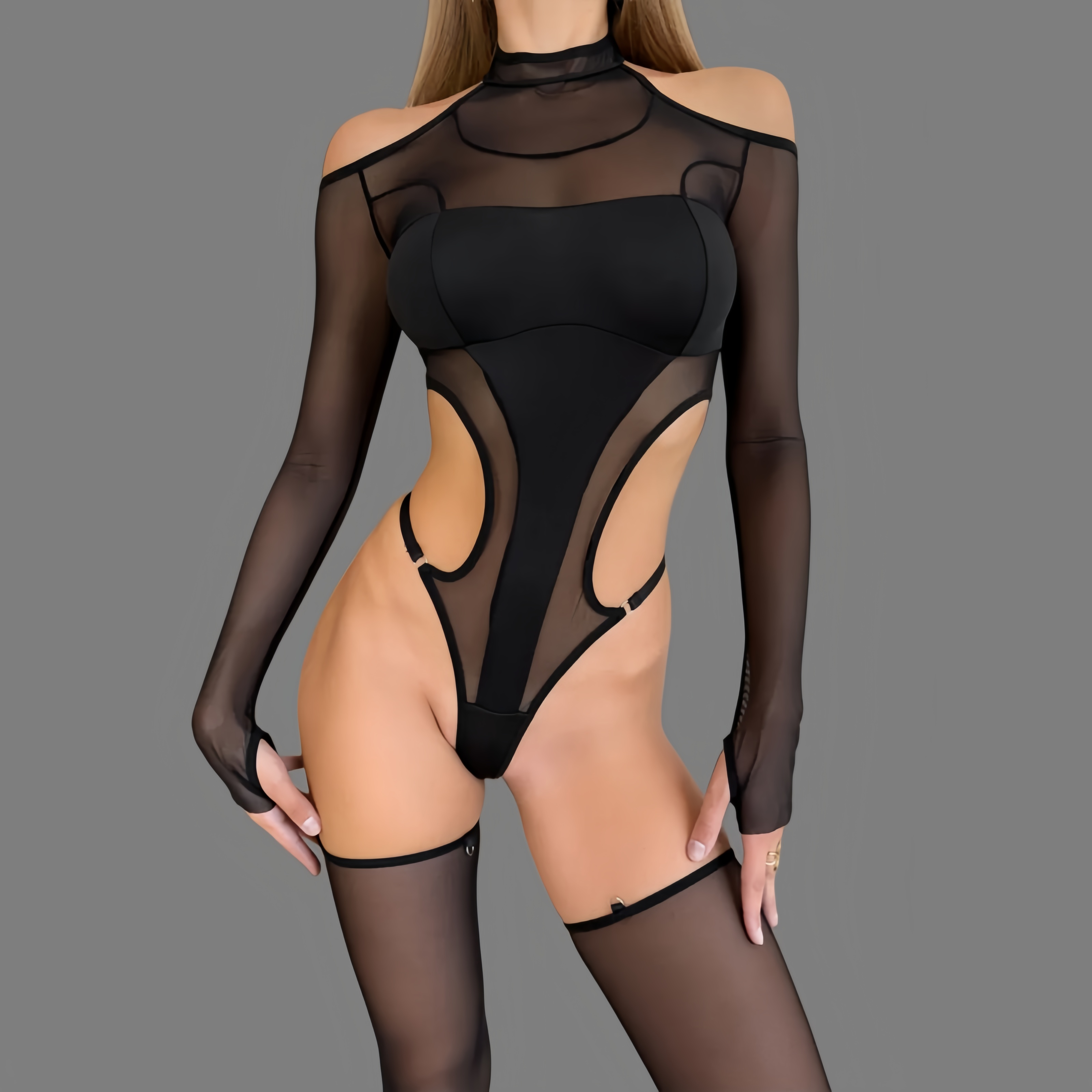 Stylish mesh long-sleeved top and tights set.