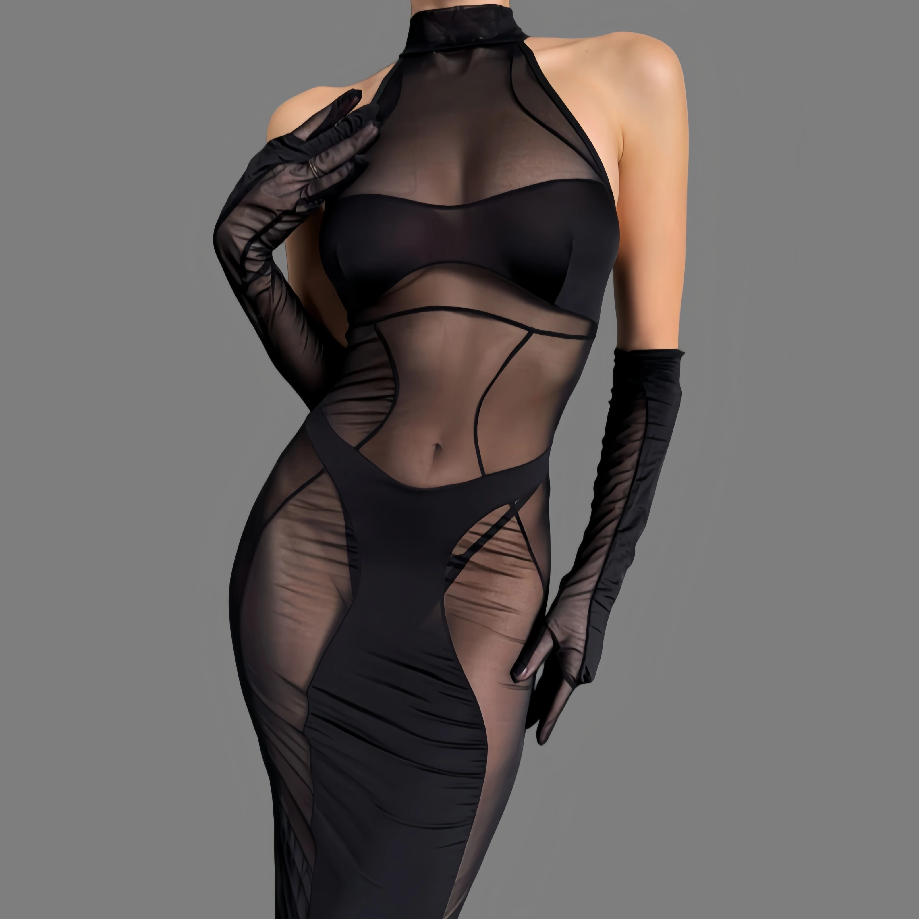 New sheer mesh bodysuit 3-piece set with gloves