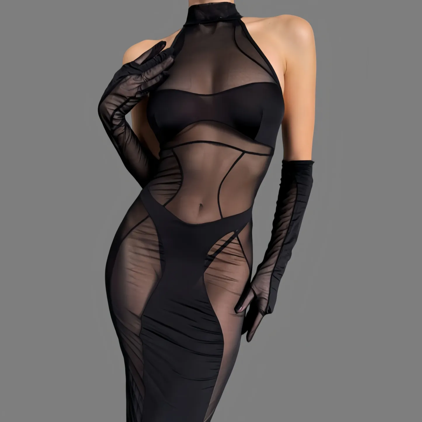 New sheer mesh bodysuit 3-piece set with gloves