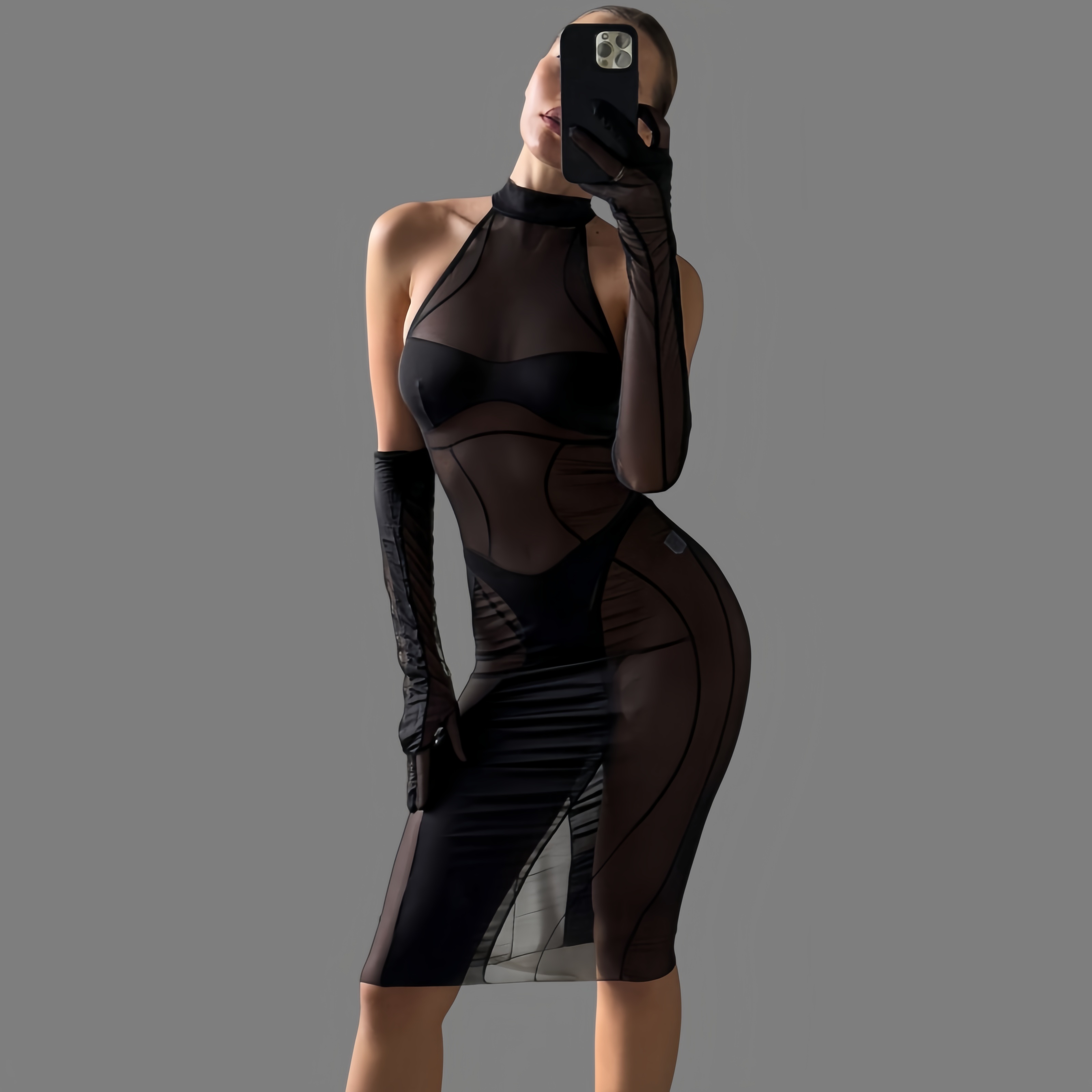 New sheer mesh bodysuit 3-piece set with gloves