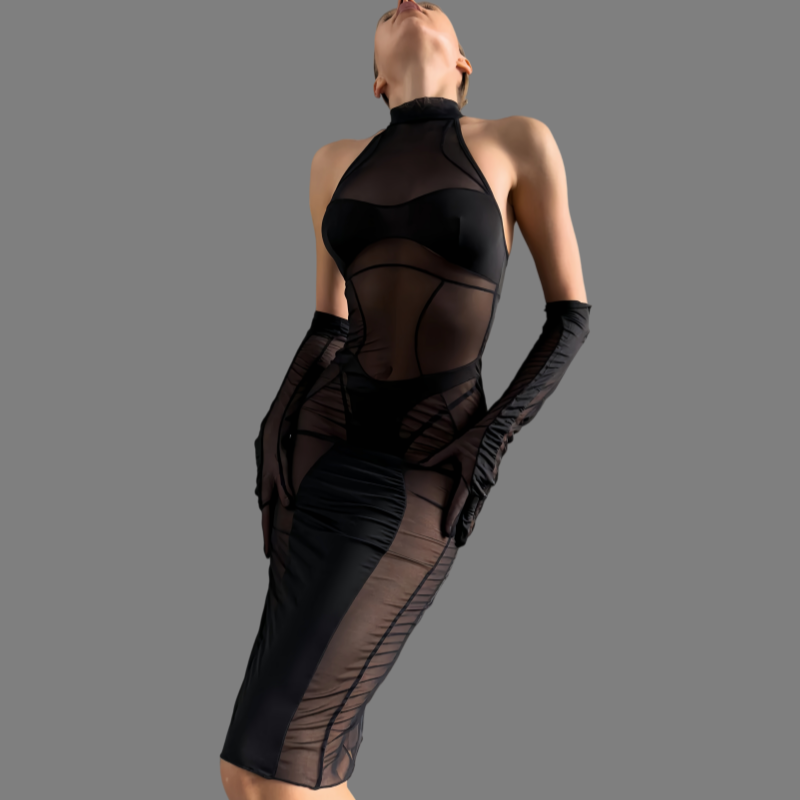 New sheer mesh bodysuit 3-piece set with gloves