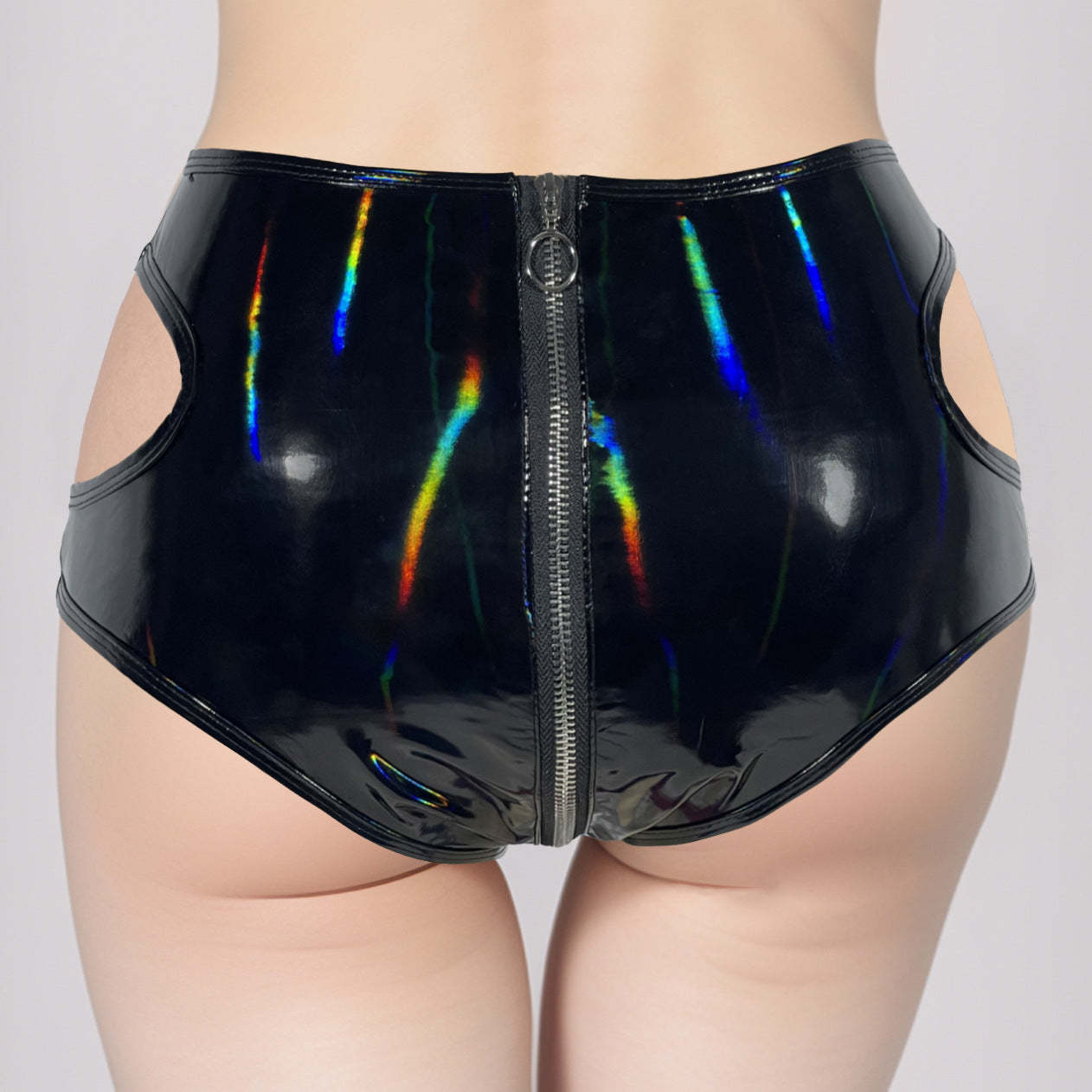Sexy Shiny Patent Leather Zipper Crotch Shorts Bodysuit