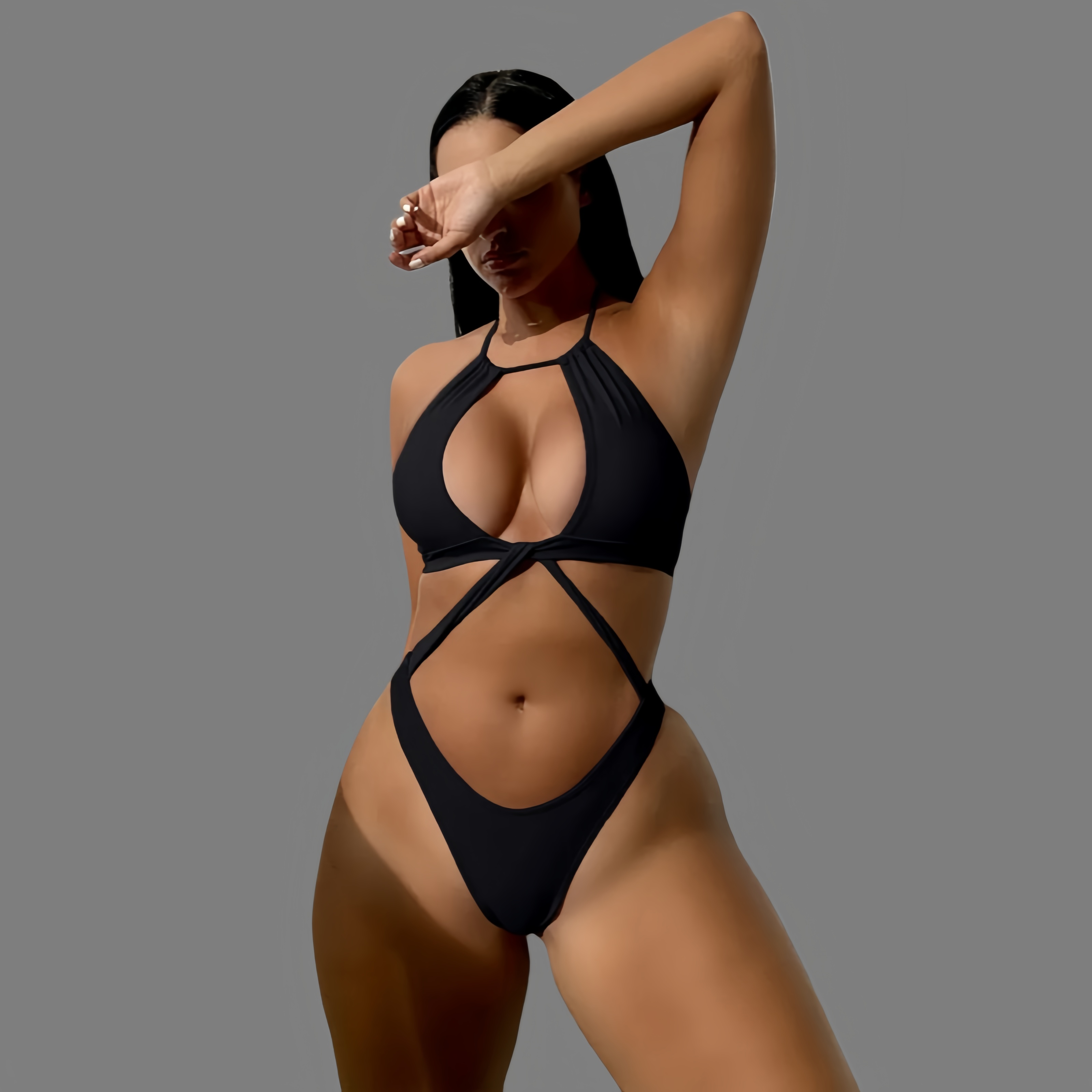 New one-piece swimsuit with a halter neck design.