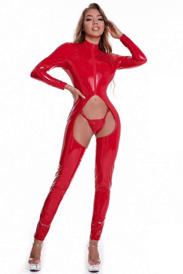 Hot selling sexy tight mirror PVC open crotch leather jumpsuit