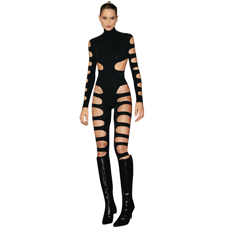 Skin-baring stand-up collar bodysuit (2-piece set)