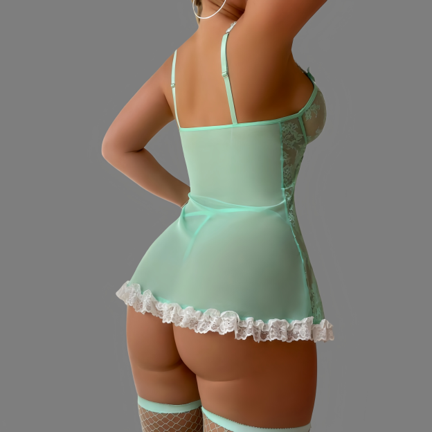 Seductive lace sheer nightgown + stockings