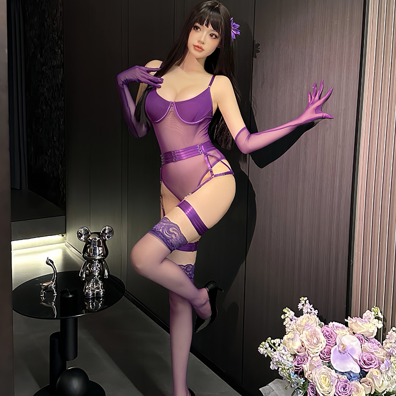 Strapped Mesh Lingerie Set – Sleek Bodysuit with Gloves