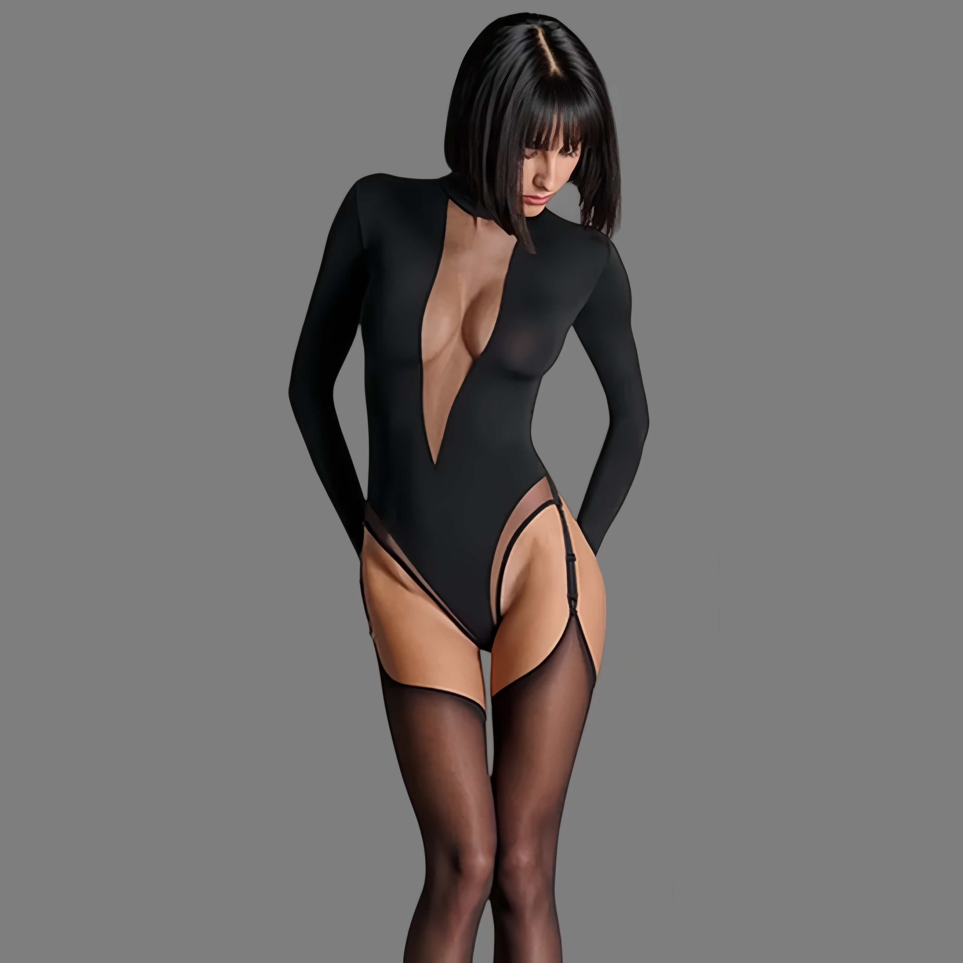 New style deep V-neck sheer long-sleeved bodysuit