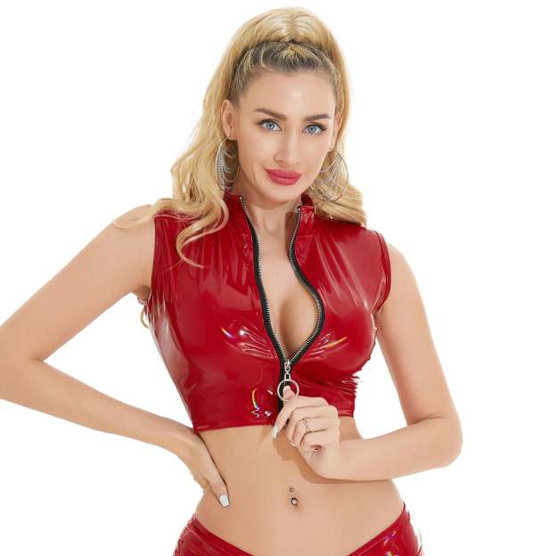 Sexy Shiny Patent Leather Zipper Crotch Shorts Bodysuit