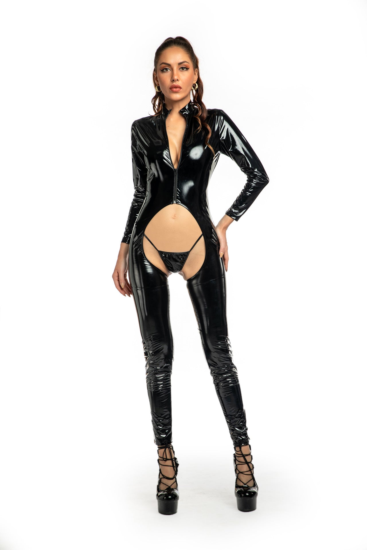 Hot selling sexy tight mirror PVC open crotch leather jumpsuit