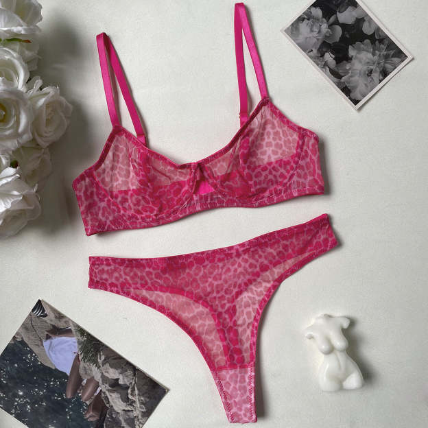 Sexy leopard print bra ultra-thin mesh set