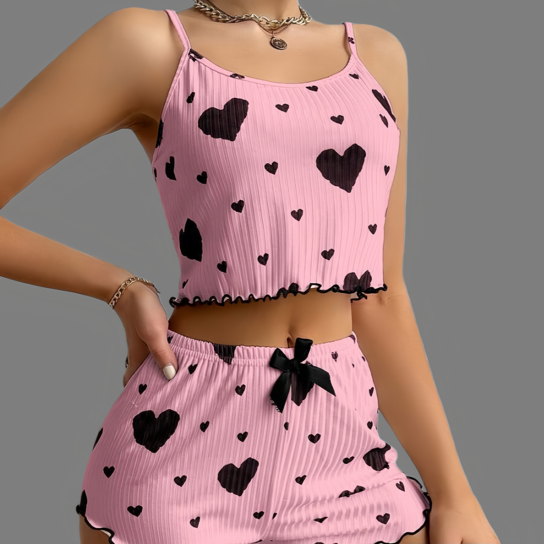 Sweet heart-print camisole and shorts pajama set