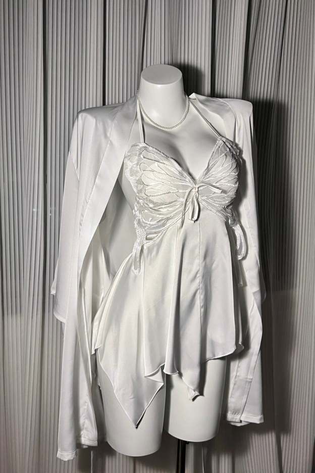 Sexy Bowknot Suspender Ice Silk Nightdress with Padded Bra