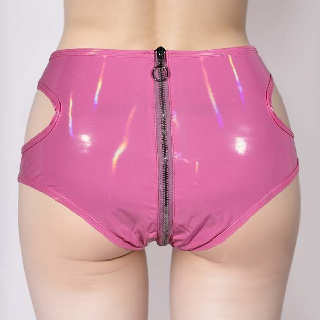 Sexy Shiny Patent Leather Zipper Crotch Shorts Bodysuit