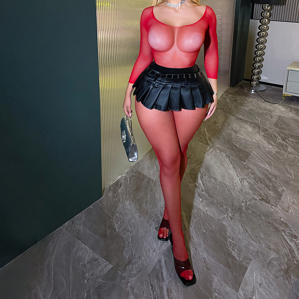 Retro-style thin open-crotch mesh bodysuit