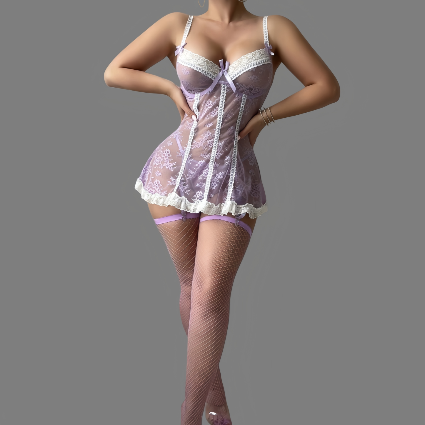 Seductive lace sheer nightgown + stockings