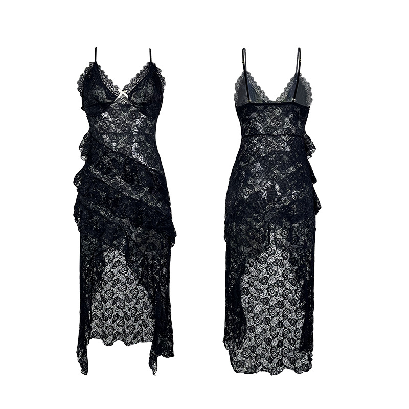 Lace deep V-neck thin strap nightgown