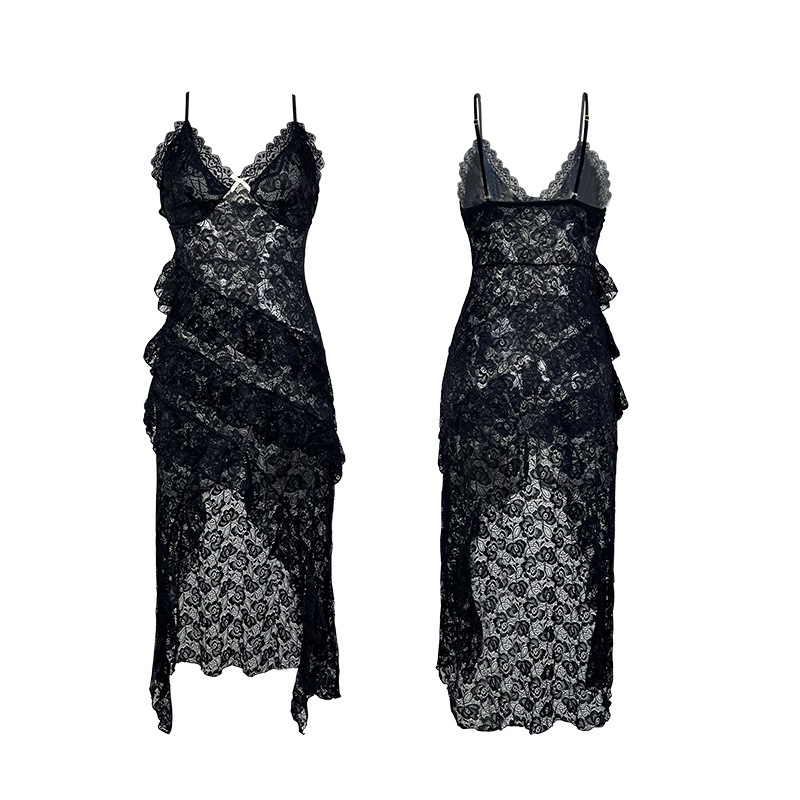 Lace deep V-neck thin strap nightgown