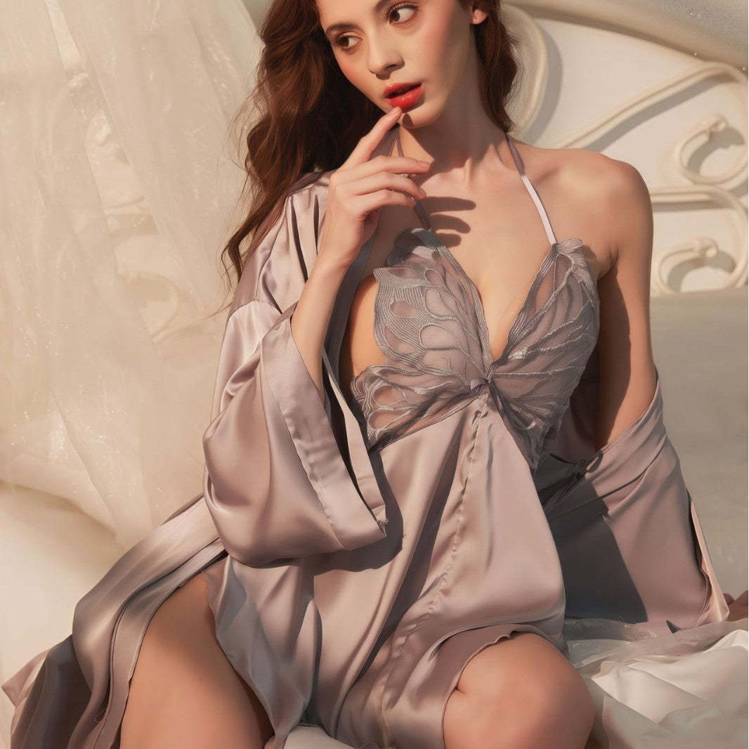 Sexy Bowknot Suspender Ice Silk Nightdress with Padded Bra