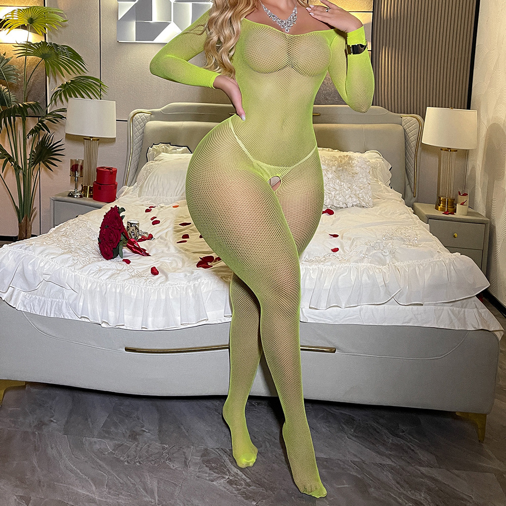 Retro-style thin open-crotch mesh bodysuit