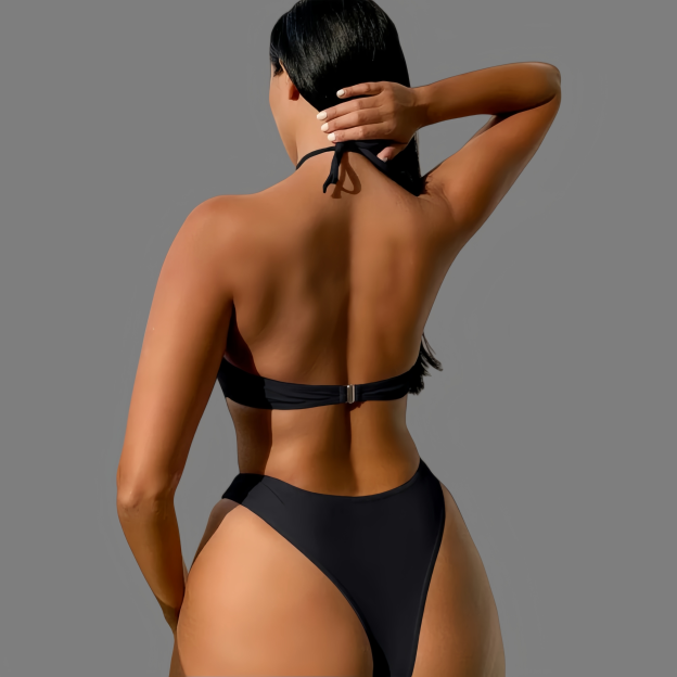 New one-piece swimsuit with a halter neck design.