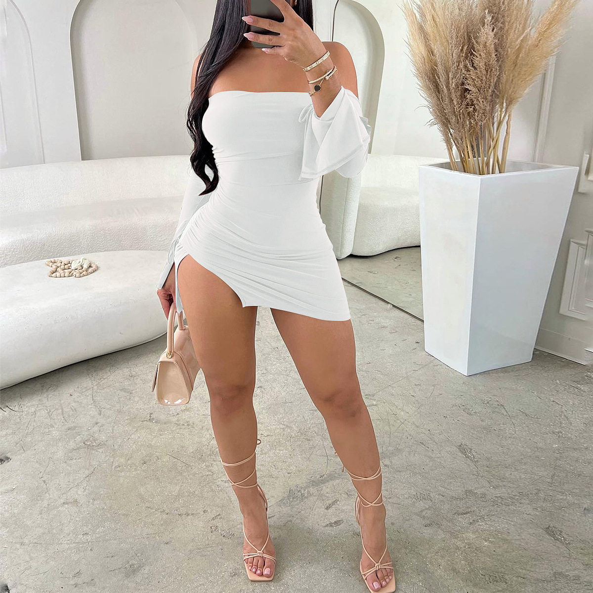 New sexy off-shoulder slit bodycon dress