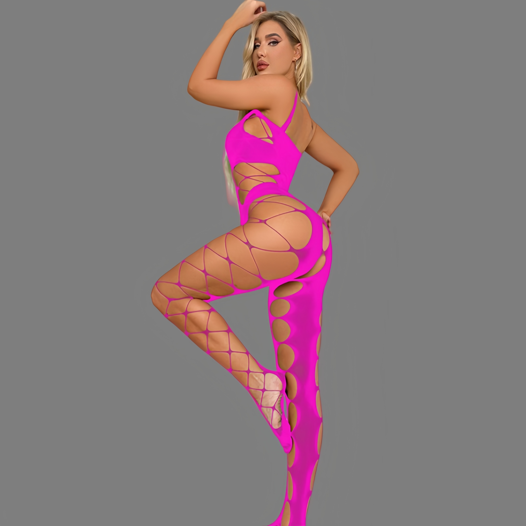 Open-crotch, strappy, sheer mesh bodysuit