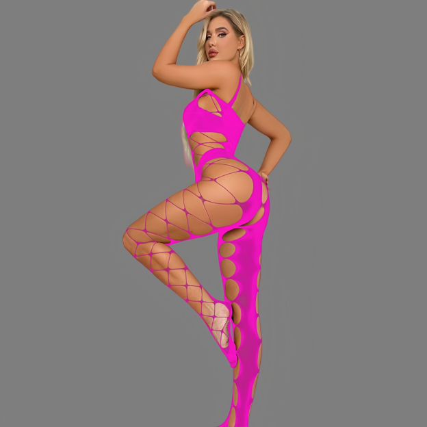 Open-crotch, strappy, sheer mesh bodysuit