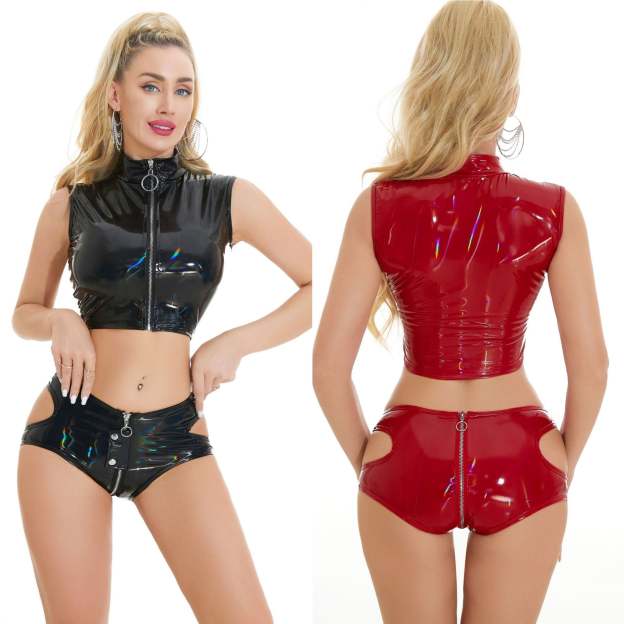 Sexy Shiny Patent Leather Zipper Crotch Shorts Bodysuit