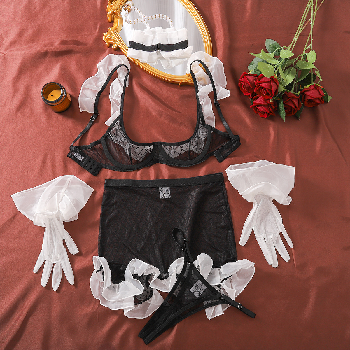 Sexy maid outfit with sheer mesh, five-piece set.