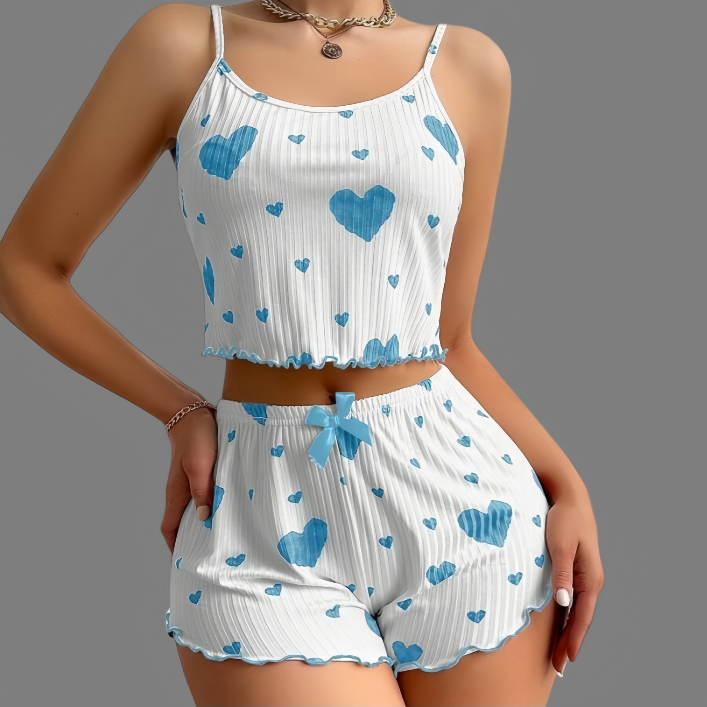 Sweet heart-print camisole and shorts pajama set