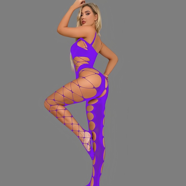 Open-crotch, strappy, sheer mesh bodysuit
