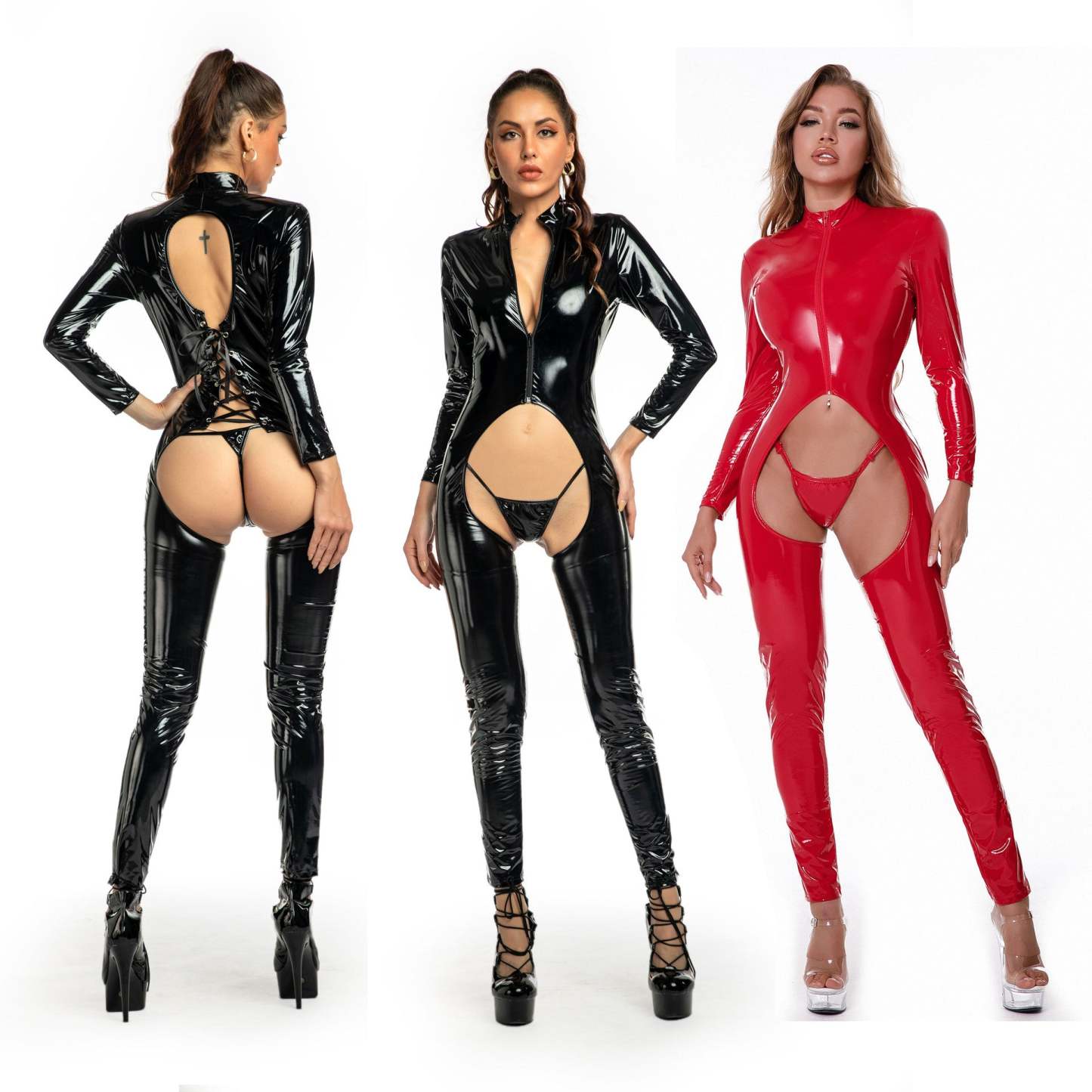 Hot selling sexy tight mirror PVC open crotch leather jumpsuit