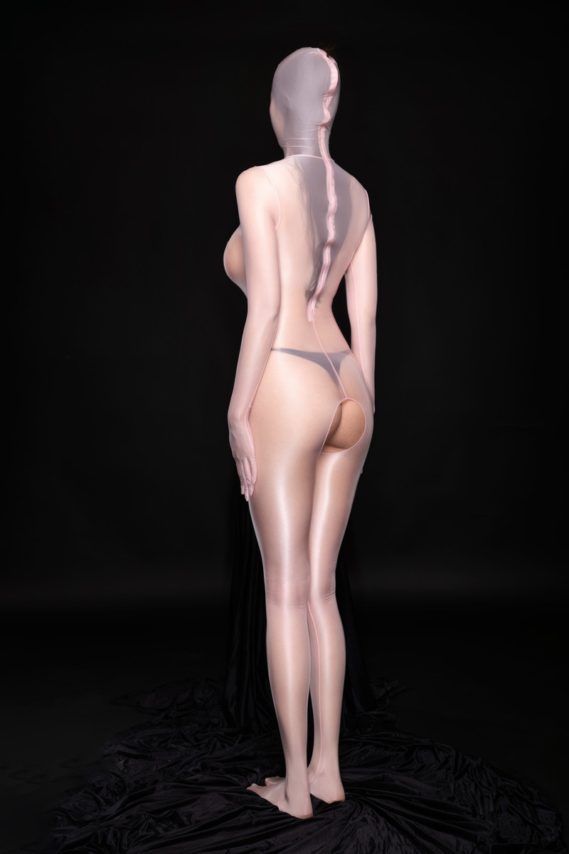 Shiny, full-coverage, open-crotch stockings with a zipper.