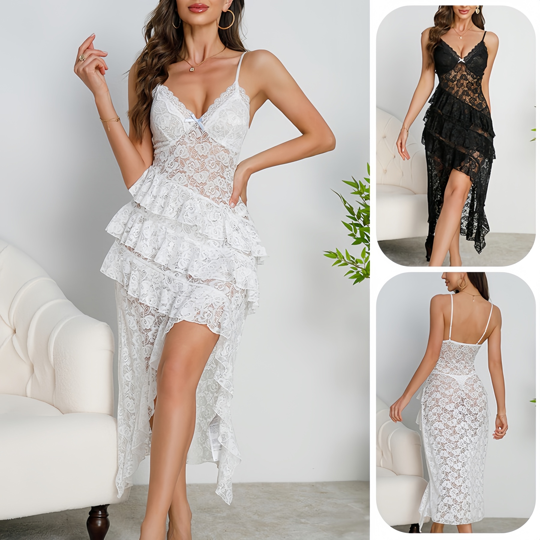 Lace deep V-neck thin strap nightgown