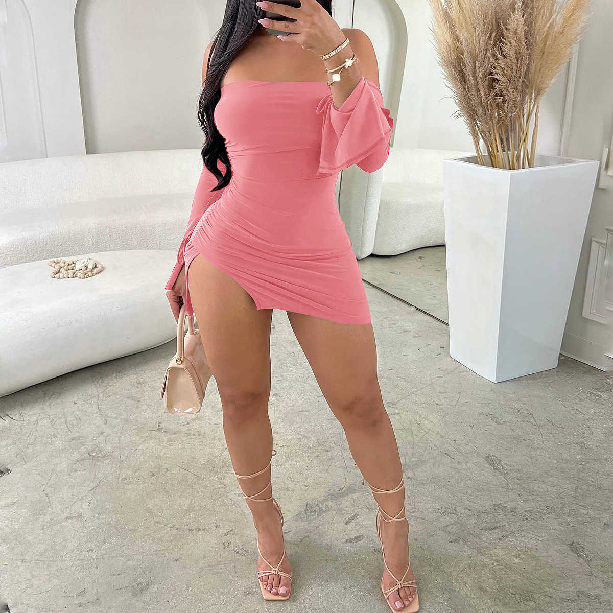 New sexy off-shoulder slit bodycon dress