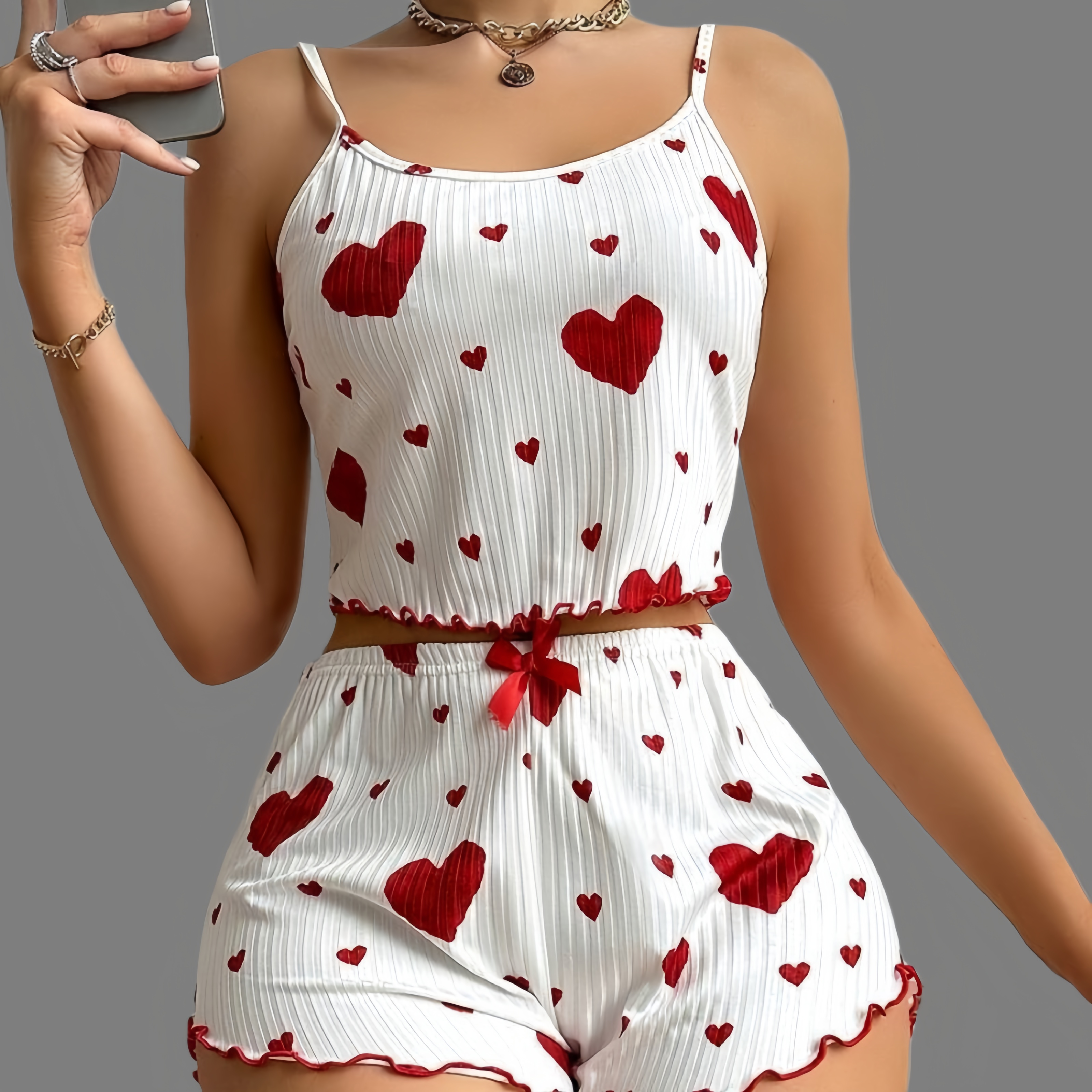 Sweet heart-print camisole and shorts pajama set