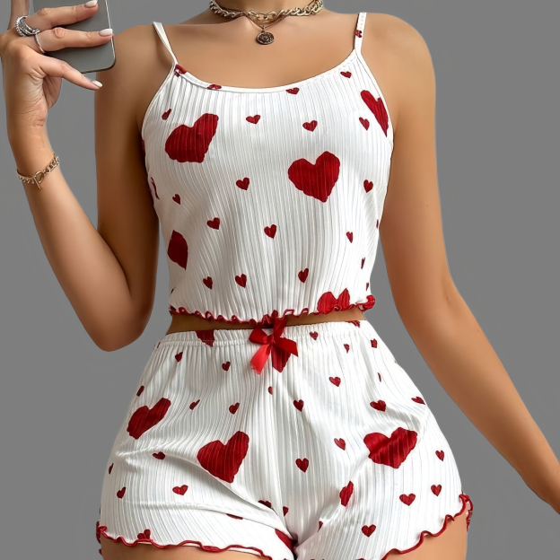 Sweet heart-print camisole and shorts pajama set