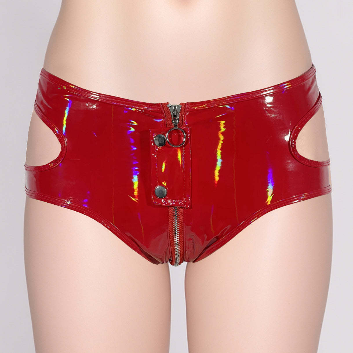 Sexy Shiny Patent Leather Zipper Crotch Shorts Bodysuit
