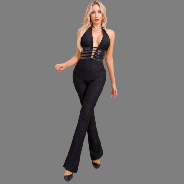 New lace deep V-neck halter jumpsuit
