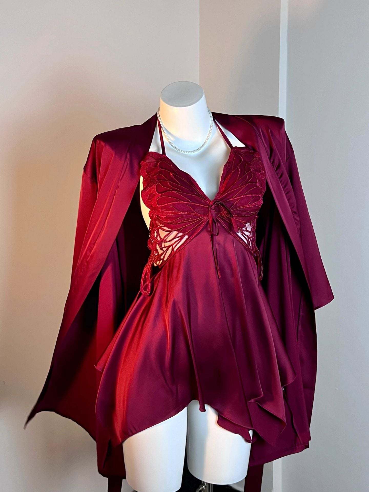 Sexy Bowknot Suspender Ice Silk Nightdress with Padded Bra