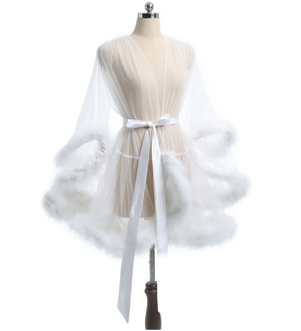 Sheer Mesh Feather Robe