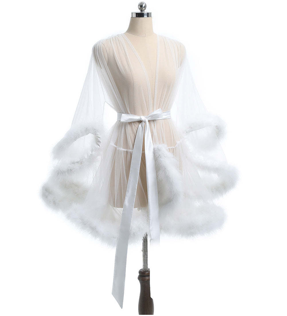 Sheer Mesh Feather Robe