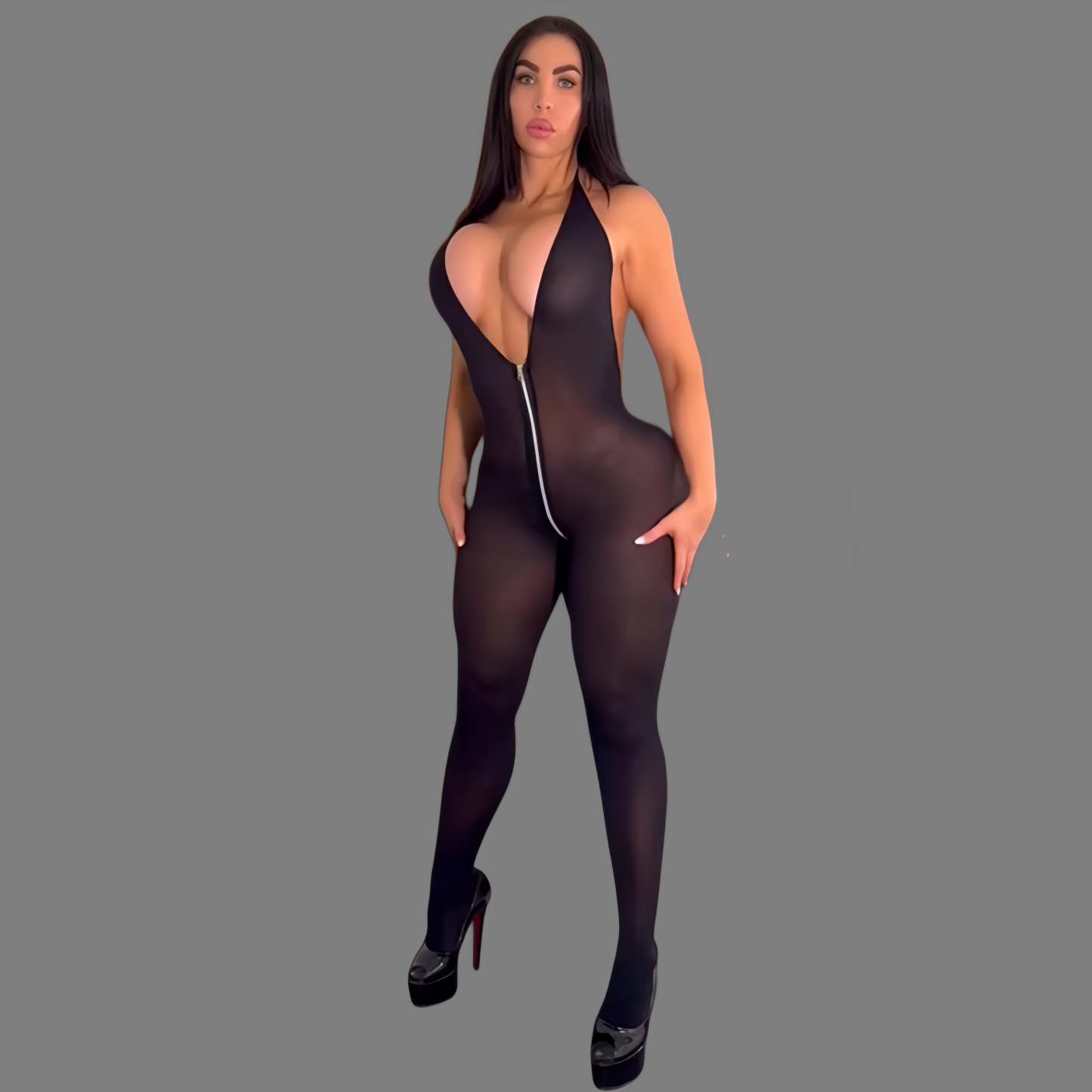 Sexy open-crotch bodysuit with a zipper.