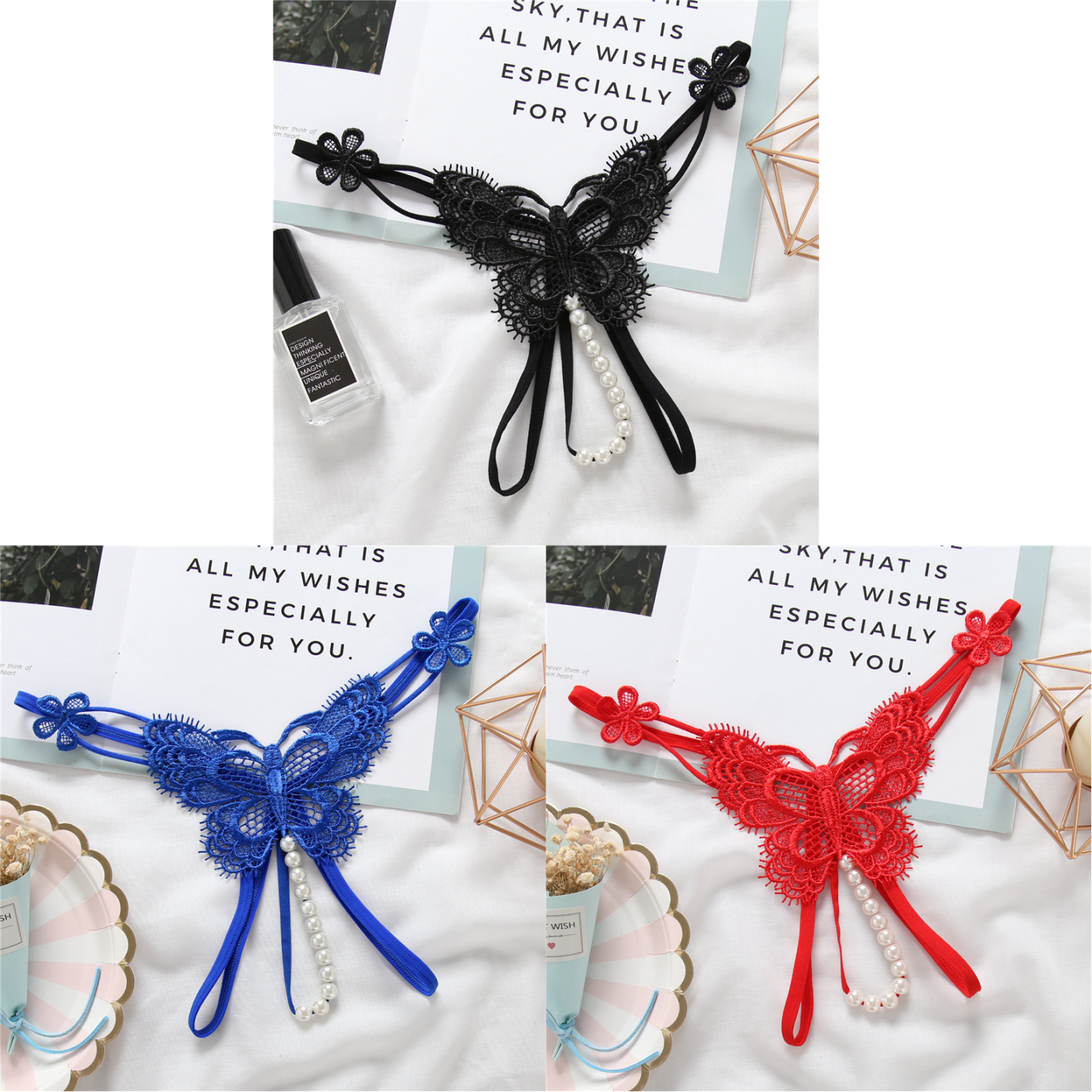 Embroidered Pearl Lace Thong(Buy 1, get 2 free)