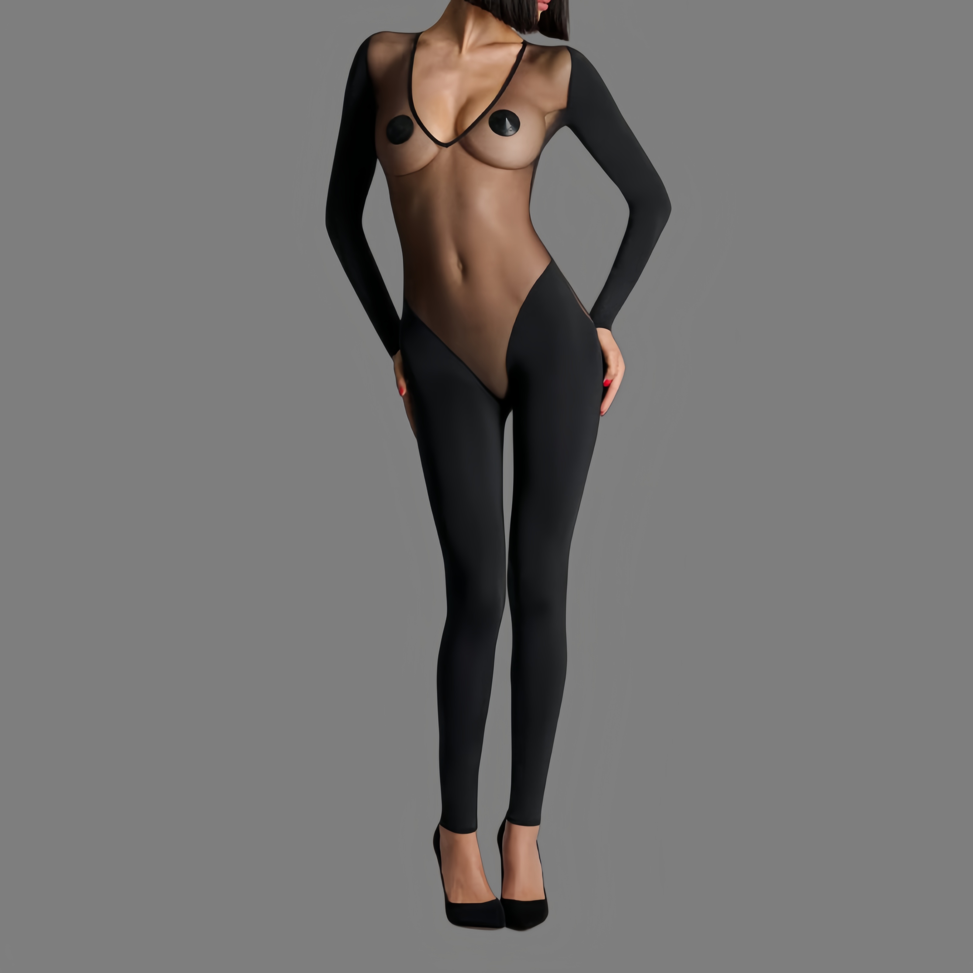 New style low-cut long-sleeved sheer jumpsuit