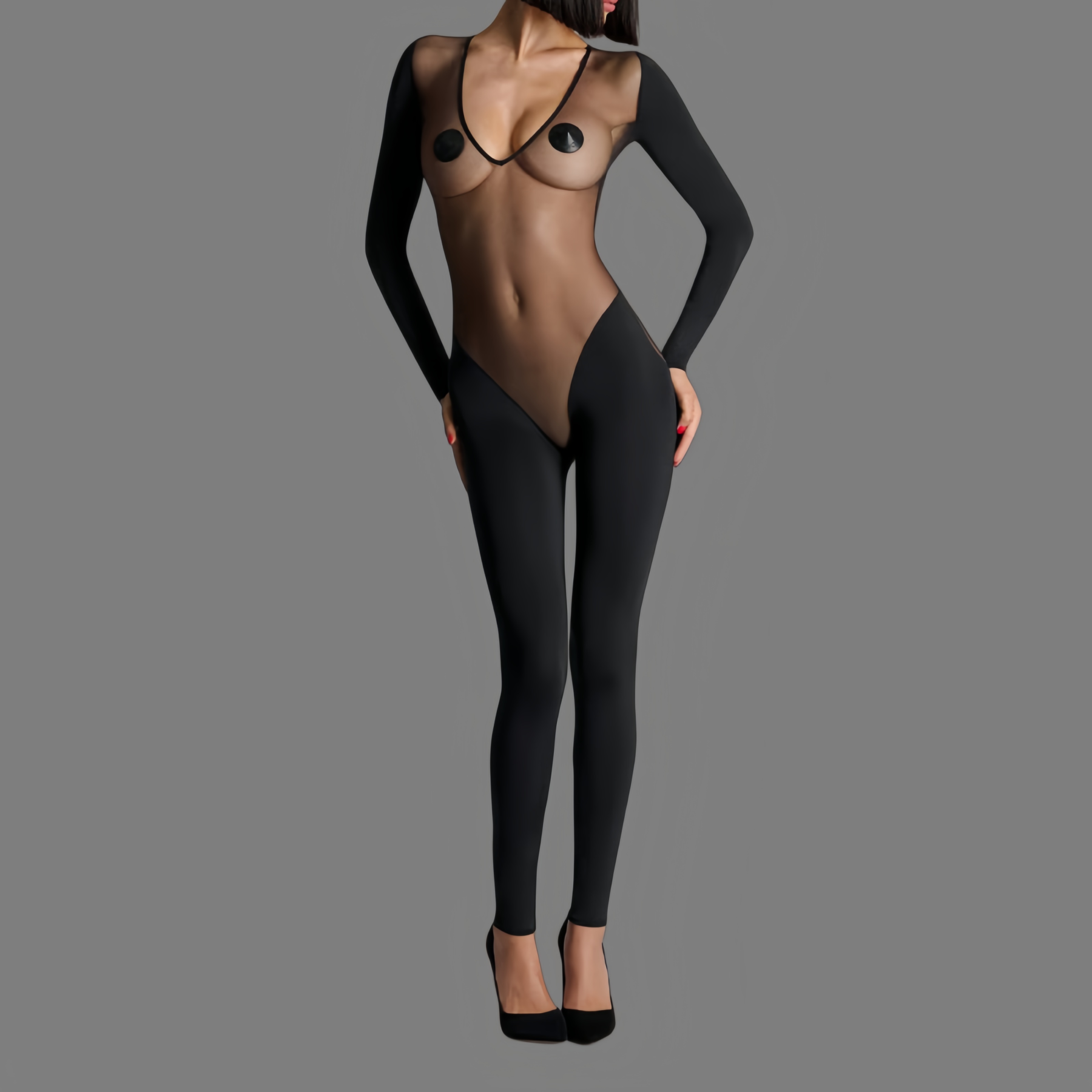 New style low-cut long-sleeved sheer jumpsuit