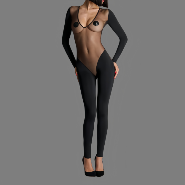 New style low-cut long-sleeved sheer jumpsuit