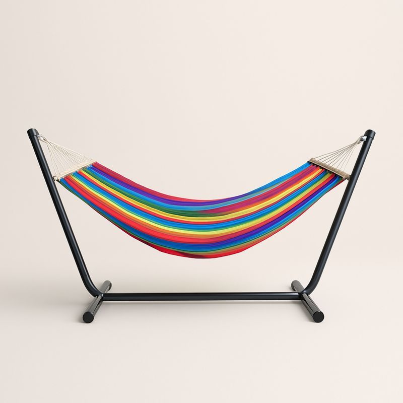 Regnbuefarget hengekøye med svart stålstativ 200 cm-Decohogarvida