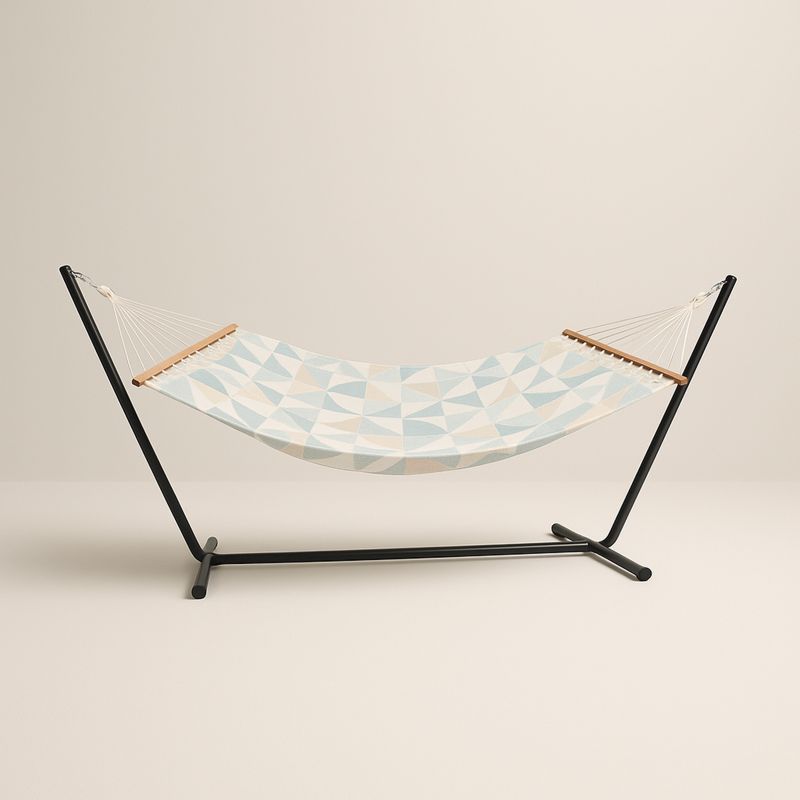 Hengekøye med stålramme og bomullduk med blå geometrisk mønster-Decohogarvida